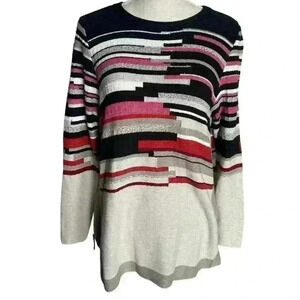 NIC+ZOE Black Beige Multicolor Long Sleeve Tunic Sweater Side Zippers Size Large